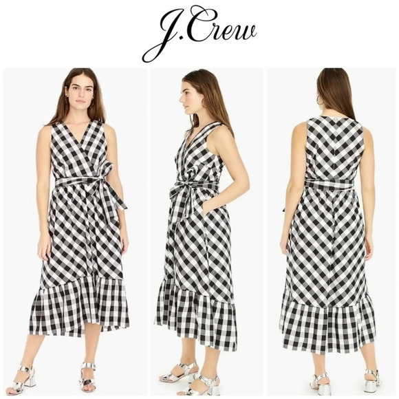 J. Crew Gingham Sleeveless Faux-Wrap Midi Dress Cotton Poplin Women’s 6 Romantic - Picture 2 of 16